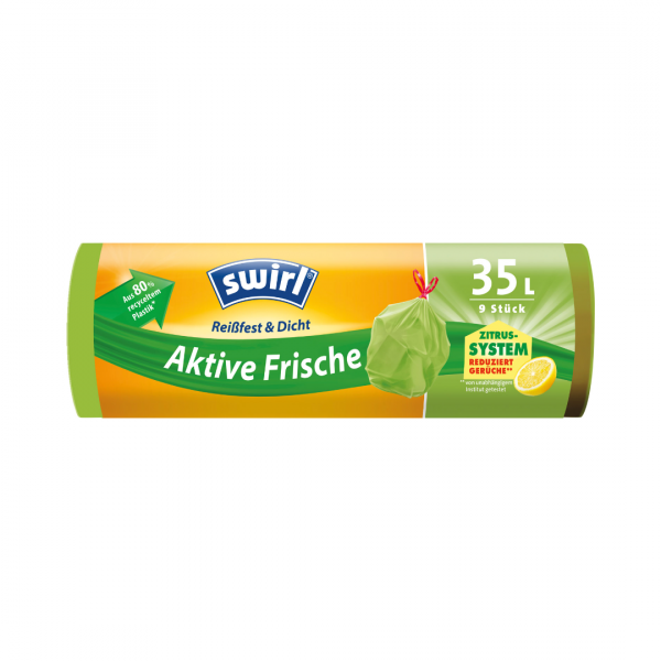 Swirl Aktive Frische Zitrus-System Müllbeutel Reißfest & Dicht 35 Liter, mit Zugband, grün/teil-transparent, aus 80 % recyceltem Plastik